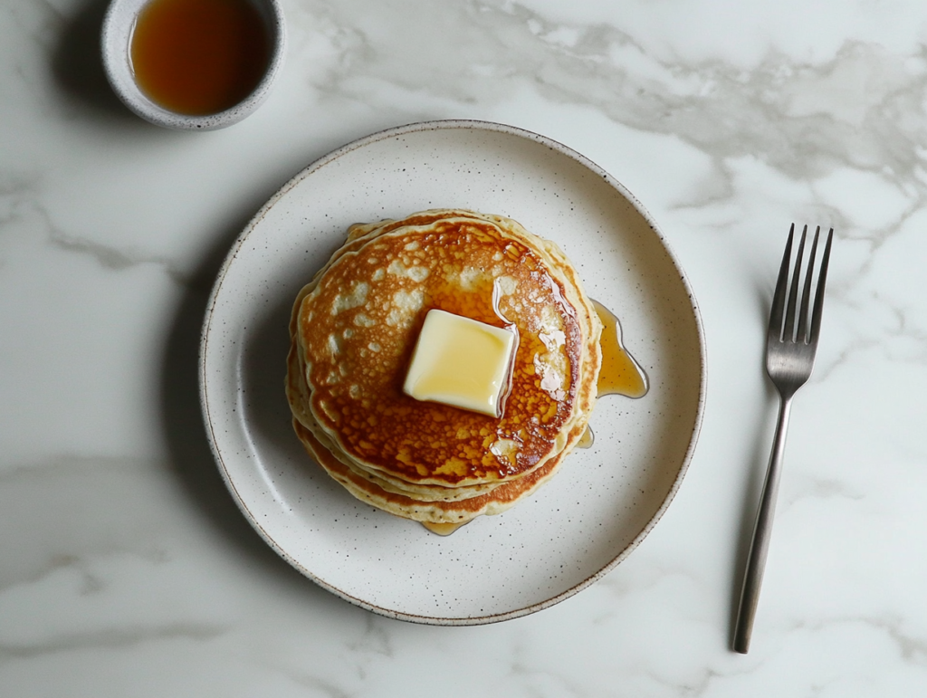 buttermilk-pancakes-with-melted-butter-and-maple-syrup-on-a-white-plate