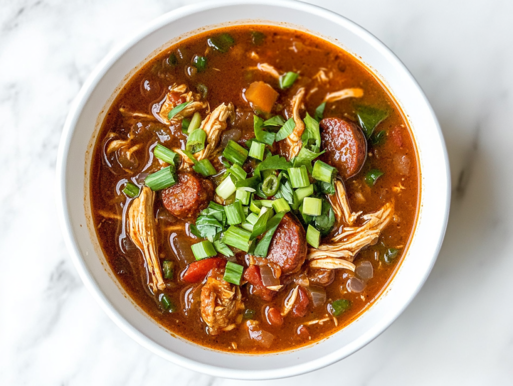 This image shows a bowl of rich Cajun Chicken Sausage Gumbo, filled with tender shredded chicken in a flavorful broth, garnished with chopped spring onion for a fresh finish.