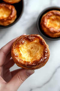 This image shows a close-up of Yorkshire puddings in the oven, being checked for doneness, ensuring they are golden, crispy, and fully puffed.