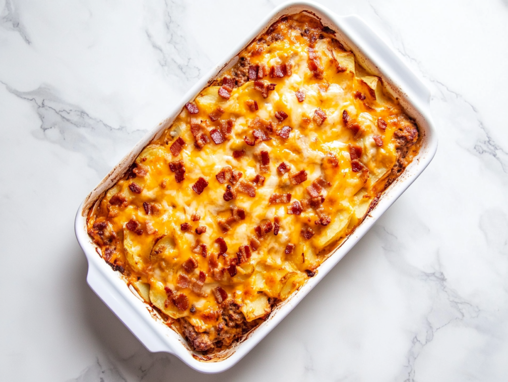 This image shows a white rectangular dish filled with loaded potato meatloaf casserole, featuring a cheesy layer and crispy bacon bits on top, baked to golden perfection.