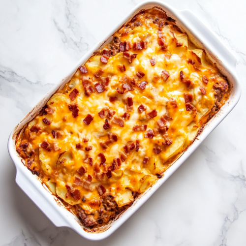 This image shows a white rectangular dish filled with loaded potato meatloaf casserole, featuring a cheesy layer and crispy bacon bits on top, baked to golden perfection.