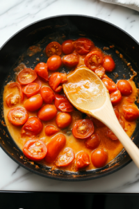 This image shows cherry tomatoes being added to the skillet, simmering until they soften and release their juices.