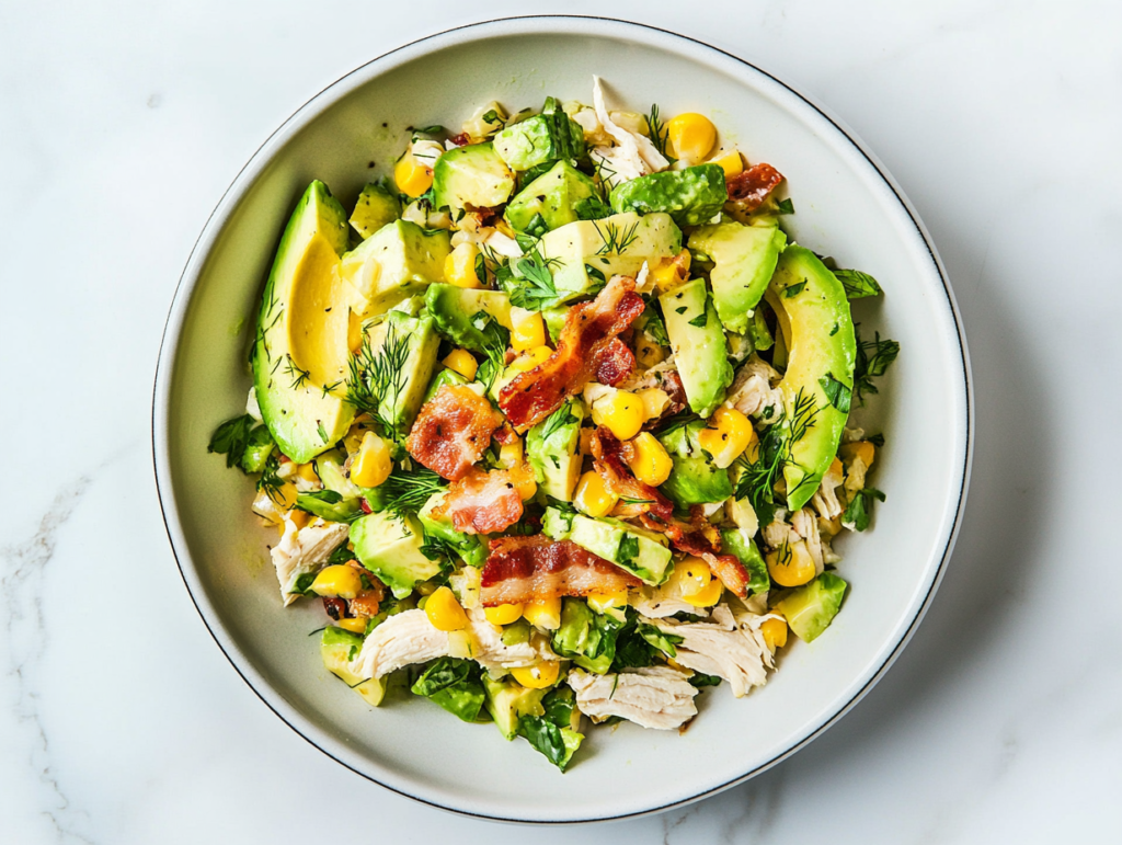 A fresh and vibrant Chicken Avocado Salad served in a white round bowl, featuring cooked chicken, corn, crispy bacon, green onions, and dill.