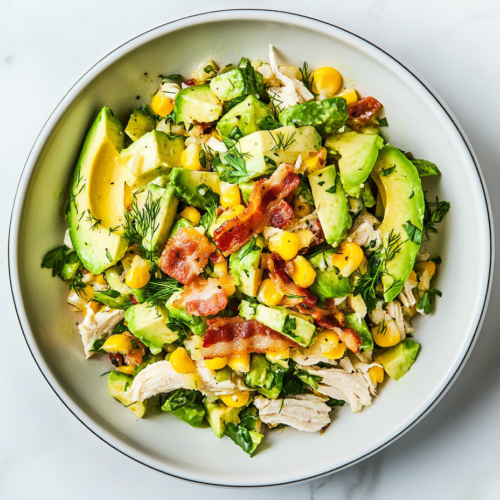 A fresh and vibrant Chicken Avocado Salad served in a white round bowl, featuring cooked chicken, corn, crispy bacon, green onions, and dill.