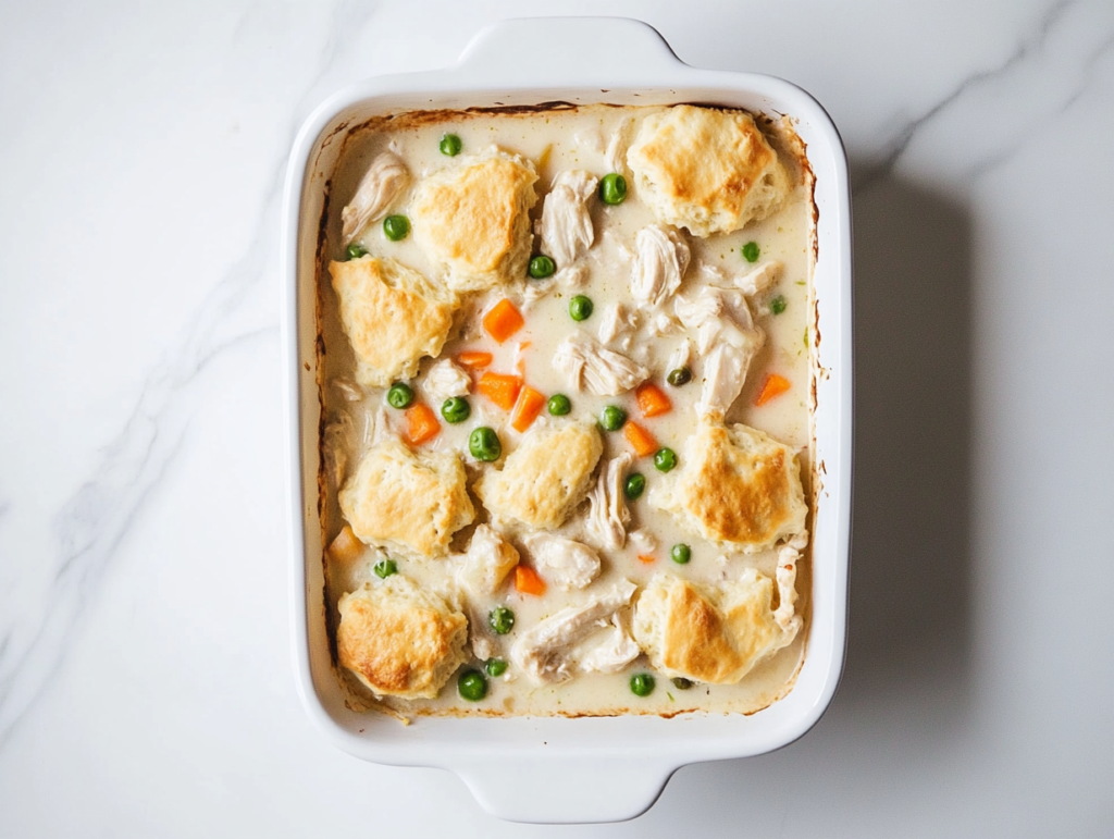 This image shows a freshly baked Chicken Biscuit Bake in a white rectangular dish, filled with a creamy chicken mixture, peas, and carrots, topped with golden biscuits.