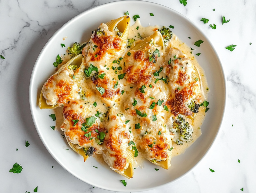 This image shows a serving of Chicken Broccoli Alfredo Stuffed Shells covered in a creamy Alfredo sauce, topped with melted cheese and freshly chopped cilantro.