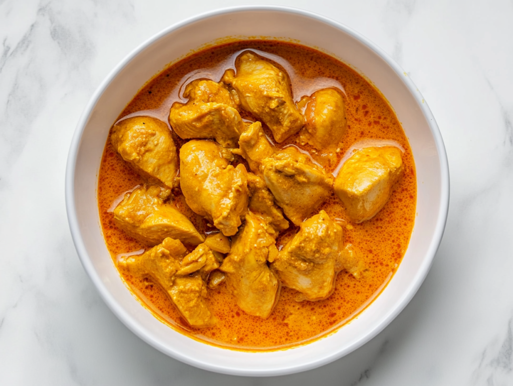 This image shows a bowl of creamy Chicken Curry with a vibrant orange color, infused with the bold flavors of lemon juice and cayenne pepper, served in a white round bowl.