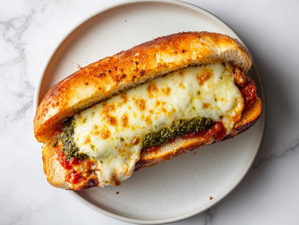 This image shows a Chicken Garlic Bread Sandwich filled with crispy cooked chicken, topped with marinara sauce, and melted mozzarella cheese, served on a white round plate.