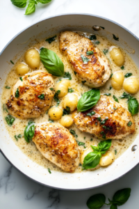 This image shows the final dish, with Chicken Piccata and Gnocchi elegantly arranged on a plate, ready to be served.