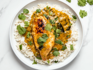 This image shows a half-cut pineapple filled with fluffy rice, topped with juicy teriyaki chicken pieces, and garnished with white sesame seeds, creating a vibrant and flavorful dish.