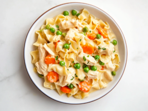 This image shows a Chicken Pot Pie Noodle Skillet served on a round white plate, featuring tender noodles, shredded chicken, bright carrots, and peas coated in a creamy sauce.