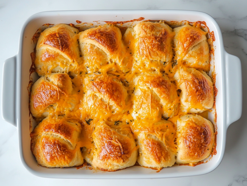 This image shows a rectangular white dish filled with golden-brown Chicken Stuffed Crescent Rolls, covered in a creamy sauce made from cream of chicken soup, broth, and milk, baked to perfection.