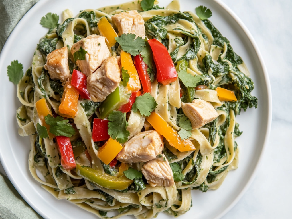 chicken-tequila-fettuccine-served-on-a-round-white-plate-with-spinach-bell-peppers-and-chicken-garnished-with-cilantro