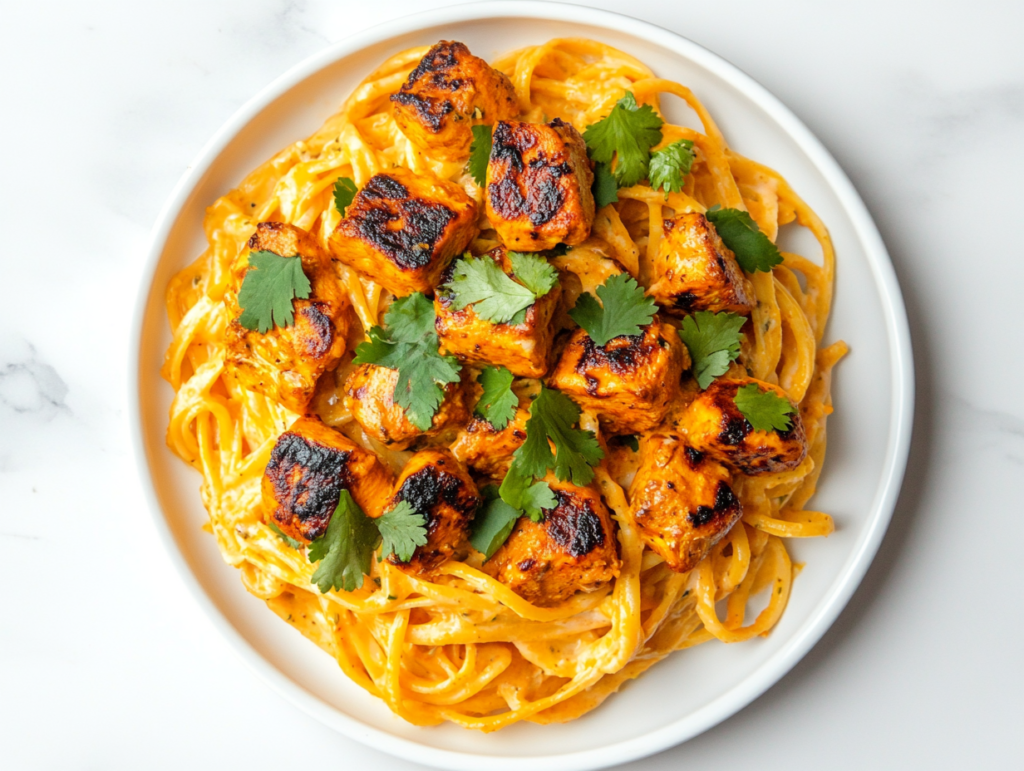 chicken-tikka-alfredo-served-on-a-white-plate-with-smoky-crispy-chicken-and-fresh-cilantro