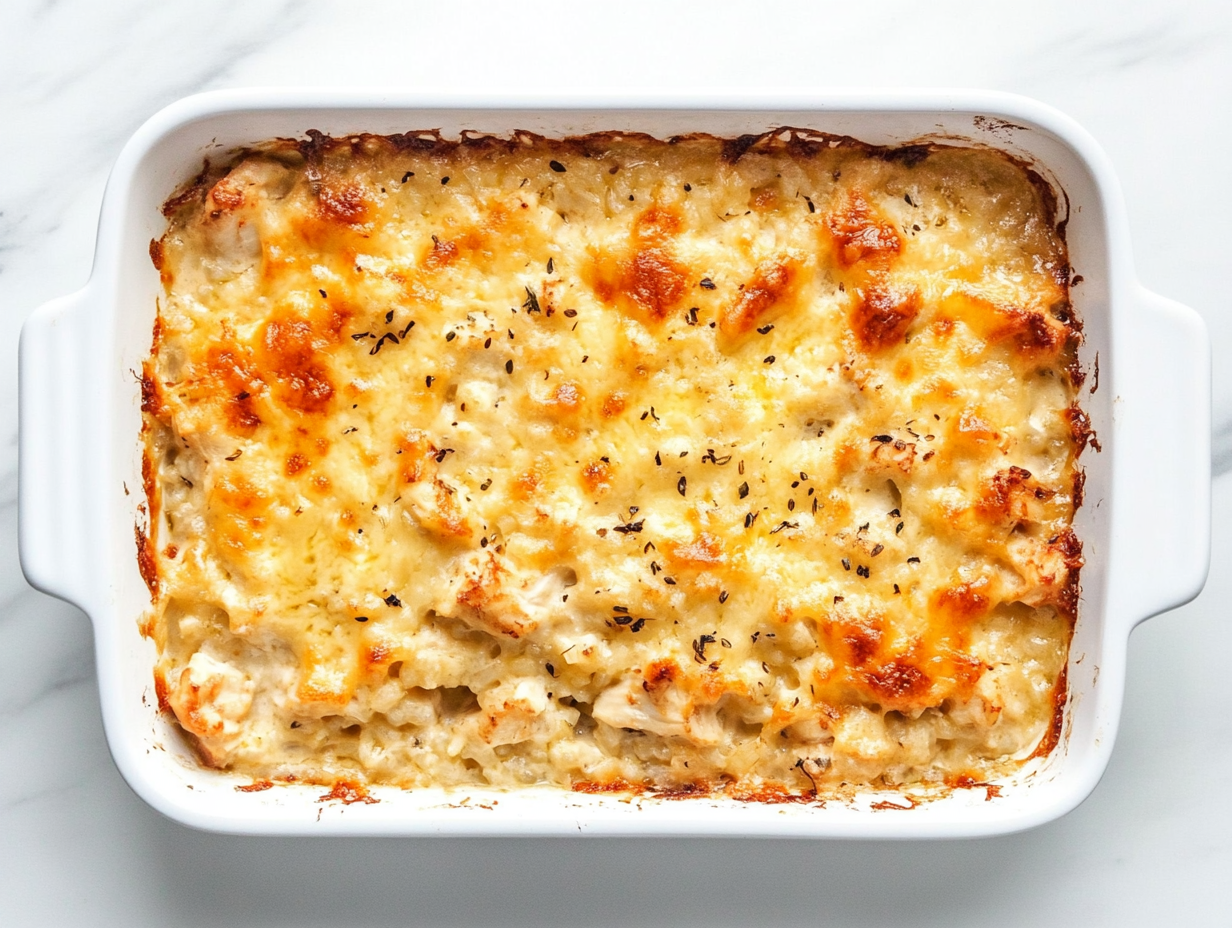 This image shows a freshly baked chicken and rice casserole in a white rectangular baking dish, topped with a golden layer of melted cheese.