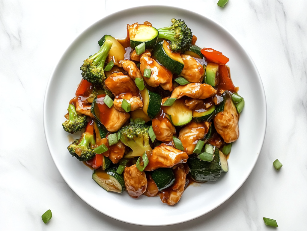 This image shows a delicious plate of Chicken and Vegetables Stir Fry, featuring vibrant broccoli, bell peppers, and tender chicken pieces, all coated in a savory sauce and served on a round white plate.