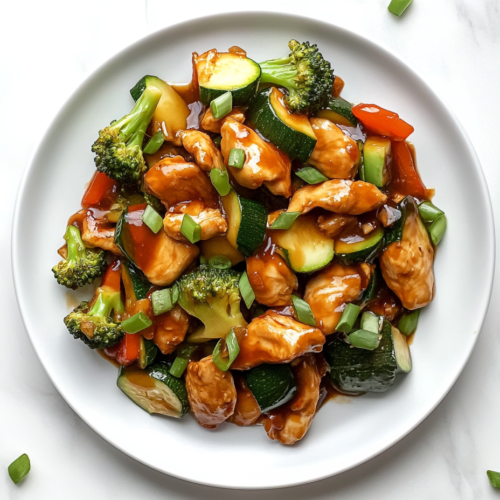 This image shows a delicious plate of Chicken and Vegetables Stir Fry, featuring vibrant broccoli, bell peppers, and tender chicken pieces, all coated in a savory sauce and served on a round white plate.