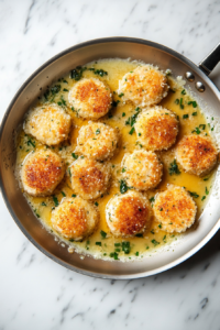 This image shows the cooked chicken medallions being returned to the pan, soaking up the rich piccata sauce.