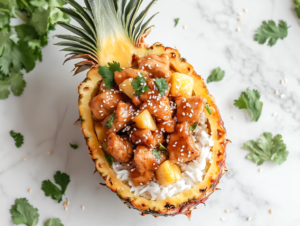 This image shows a half-cut pineapple filled with fluffy rice, topped with juicy teriyaki chicken pieces, and garnished with white sesame seeds, creating a vibrant and flavorful dish.