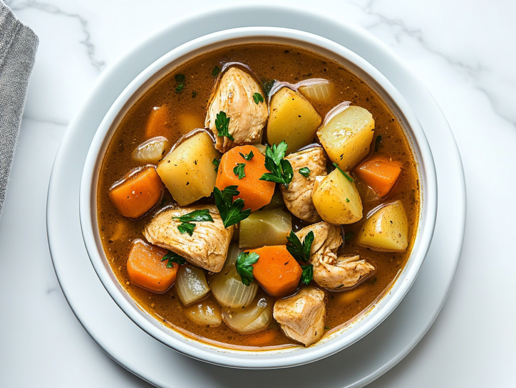 This image shows a hearty bowl of chicken vegetable stew served in a white bowl, filled with tender chunks of chicken, soft potatoes, and vibrant orange carrots, all garnished with freshly chopped cilantro for a touch of freshness.