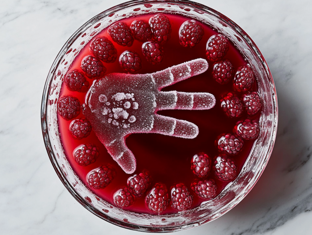 This image shows a red Witches' Brew drink served cold with ice and raspberries floating in it.