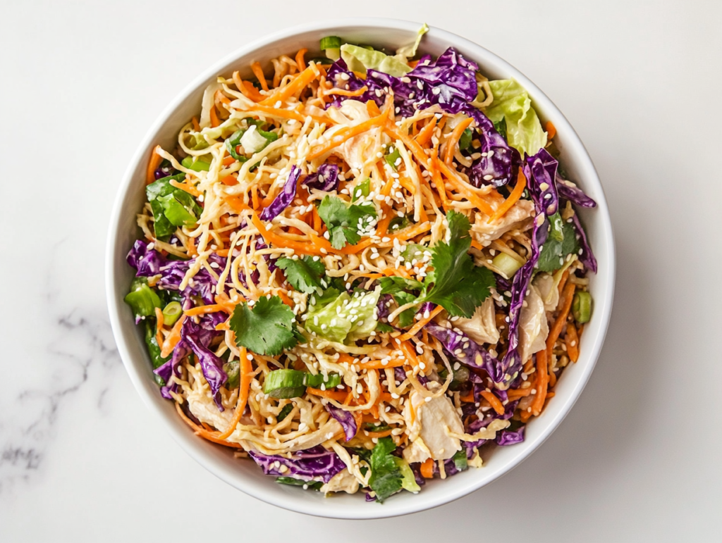 This image shows a vibrant Chinese chicken salad served in a bowl, featuring tender shredded chicken, crisp red cabbage, julienned carrots, and a sprinkle of sesame seeds for added texture and flavor.