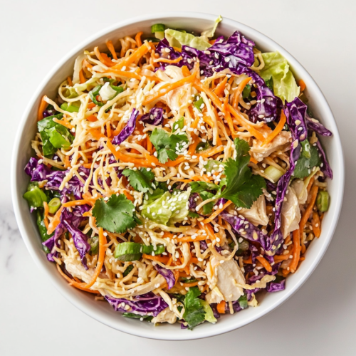 This image shows a vibrant Chinese chicken salad served in a bowl, featuring tender shredded chicken, crisp red cabbage, julienned carrots, and a sprinkle of sesame seeds for added texture and flavor.