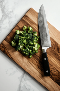 This image shows fresh broccoli being chopped into small, bite-sized pieces on a cutting board, preparing the vegetable for the creamy broccoli cheese soup.