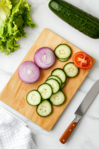 This image shows fresh vegetables, including lettuce, tomato, cucumber, and red onion, being chopped and prepped for a vibrant turkey bagel sandwich.