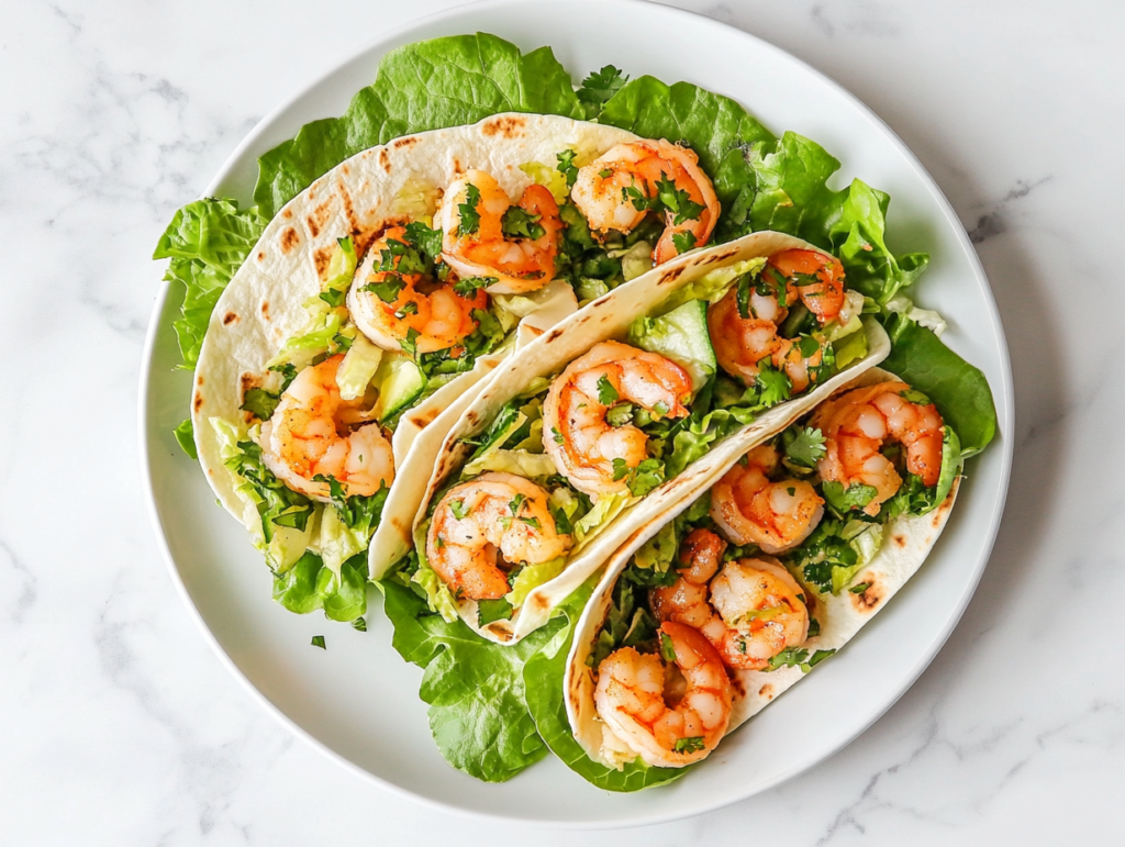 This image shows cilantro lime shrimp wraps served in romaine lettuce leaves and warm tortillas, topped with green onions and drizzled with a creamy cilantro garlic sauce.