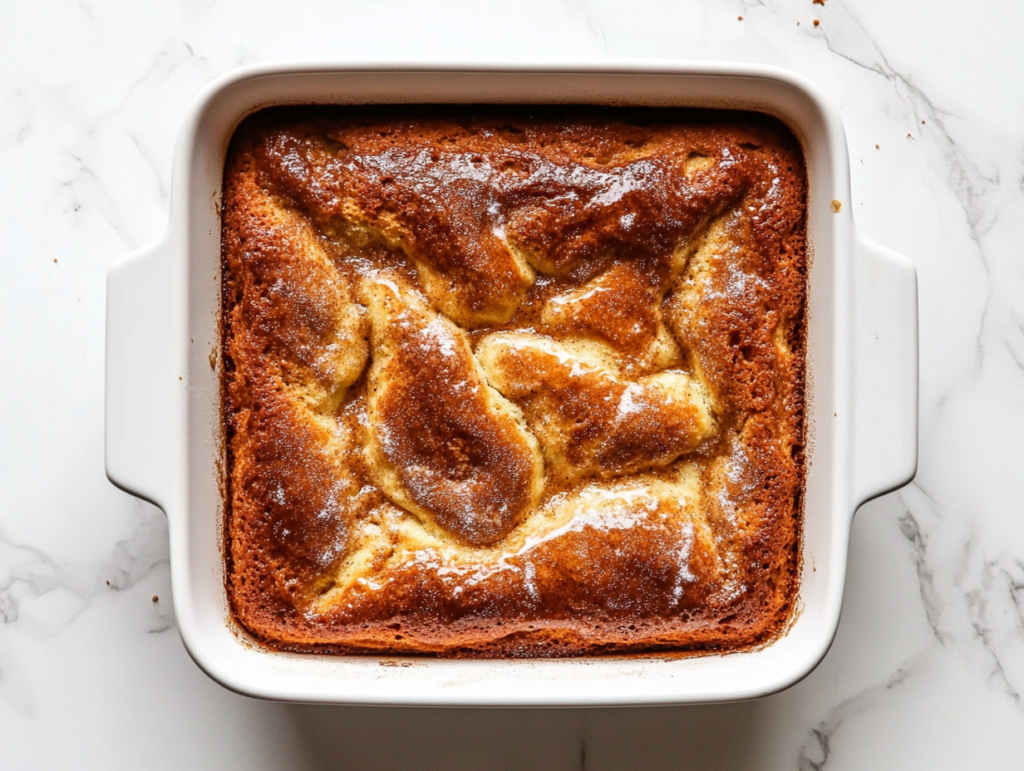 This image shows a freshly baked Cinna-Bun Cake in a square baking dish, perfectly golden brown with a visible cinnamon swirl, ready to be served.