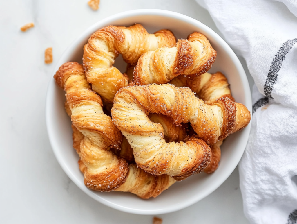 This image shows a white bowl filled with crispy, golden-brown cinnamon crescent twists, generously coated in a cinnamon-sugar mixture, ready to be enjoyed as a sweet and flaky treat.