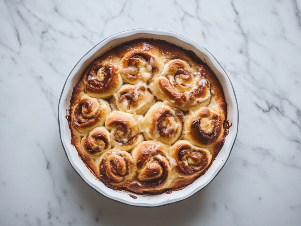 This image shows freshly baked cinnamon rolls with a golden brown top and a soft, creamy inside, served in a white bowl and ready to enjoy.