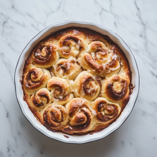 This image shows freshly baked cinnamon rolls with a golden brown top and a soft, creamy inside, served in a white bowl and ready to enjoy.