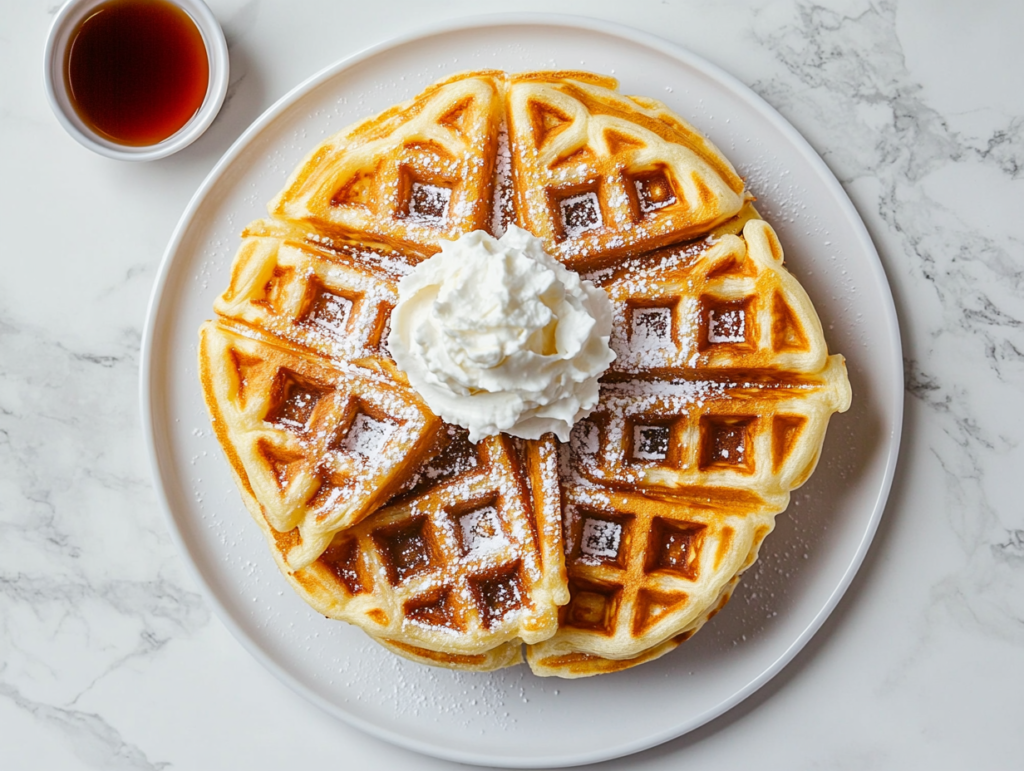 This image shows a golden-brown waffle cut into four parts, drizzled with maple syrup, dusted with powdered sugar, and topped with a dollop of fresh cream, served on a white round plate with a small bowl of maple syrup on the side.