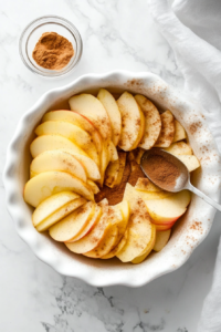 This image shows a hand drizzling fresh lemon juice over sliced apples in a pie dish, helping to enhance flavor and prevent browning.