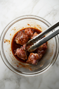 This image shows chicken pieces being generously coated in the jerk marinade, ensuring deep, rich flavors before cooking.