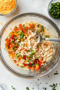 This image shows a large mixing bowl filled with rice, cream of chicken soup, sour cream, diced onions, bell peppers, tomatoes with chilies, chicken broth, and fajita seasoning, ready to be mixed into a flavorful casserole base.