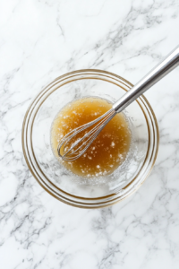 This image shows chicken broth being whisked with cornstarch in a bowl, forming a smooth mixture to thicken the Bang Bang Chicken and Shrimp sauce.