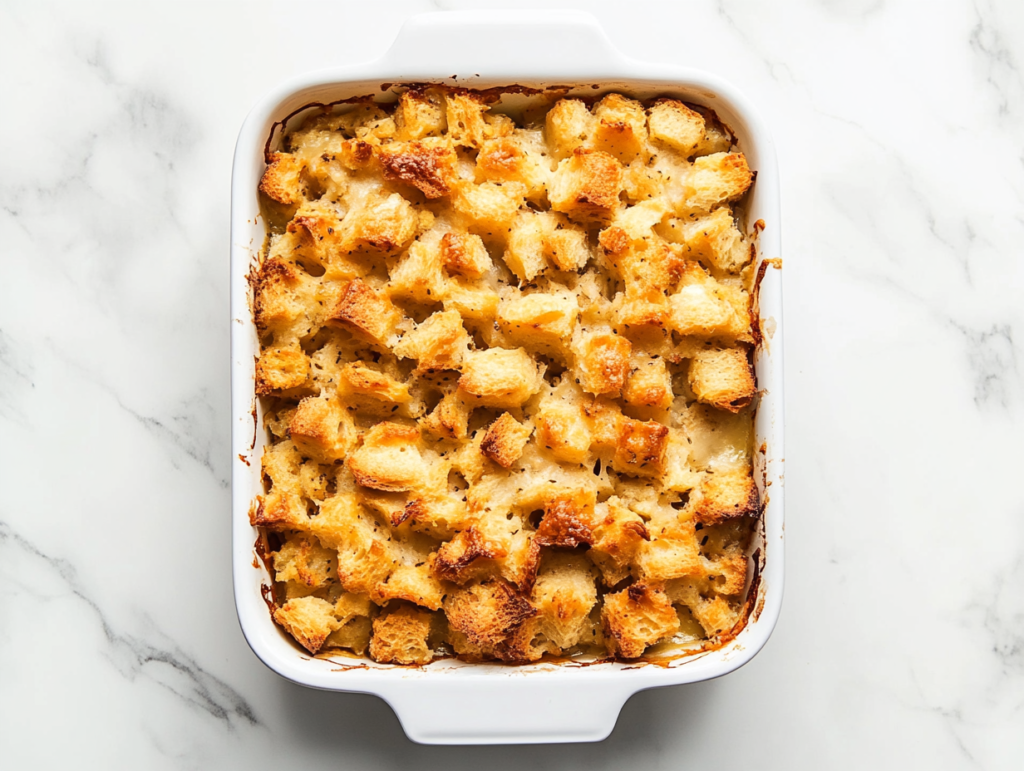 This image shows a golden-brown Company Chicken Casserole served in a rectangular white dish, topped with crispy square pieces of bread baked into gooey melted cheese.