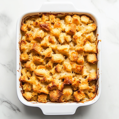 This image shows a golden-brown Company Chicken Casserole served in a rectangular white dish, topped with crispy square pieces of bread baked into gooey melted cheese.