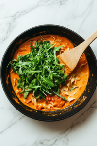 This image shows cooked pasta and fresh arugula being tossed into the creamy sun-dried tomato sauce.