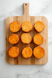 This image shows freshly baked sweet potatoes resting on a countertop, cooling slightly before being sliced and served.