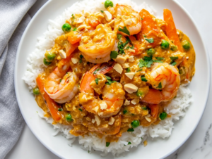 This image shows a plate of Copycat Cheesecake Factory Bang Bang Chicken and Shrimp, served hot over rice and garnished with toasted coconut, green onions, and peanuts on a white round plate.