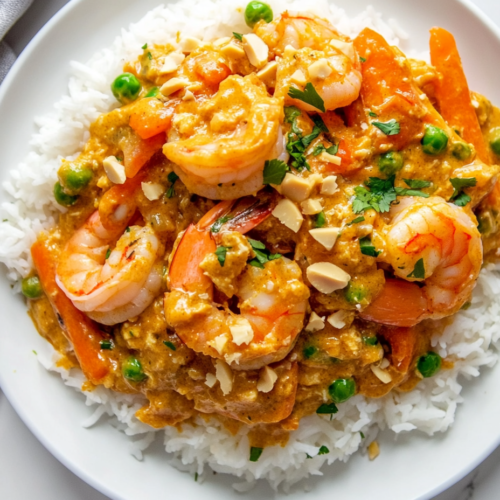 This image shows a plate of Copycat Cheesecake Factory Bang Bang Chicken and Shrimp, served hot over rice and garnished with toasted coconut, green onions, and peanuts on a white round plate.