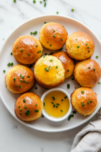 This image shows honey butter cornbread poppers arranged on a serving plate, garnished with fresh herbs or extra honey drizzle for a beautiful presentation.