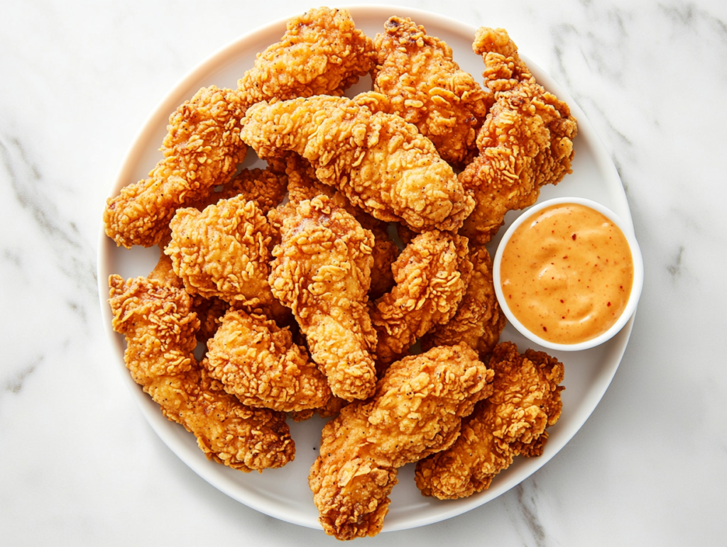 This image shows crispy and golden-brown Crack Chicken Tenders, tender on the inside, served on a plate with a small bowl of ketchup on the side.