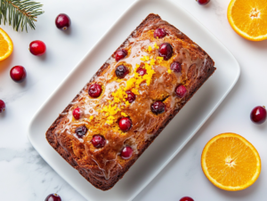 This image shows a golden-brown cranberry orange loaf resting on a white plate, garnished with fresh cranberries and vibrant orange zest, with a sweet glaze drizzled over the top.