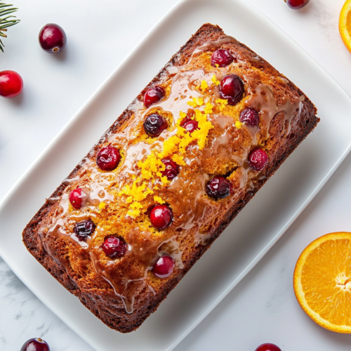 This image shows a golden-brown cranberry orange loaf resting on a white plate, garnished with fresh cranberries and vibrant orange zest, with a sweet glaze drizzled over the top.