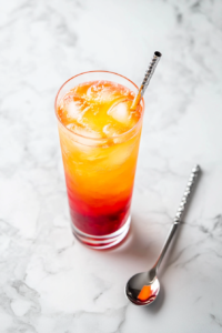 This image shows a tall glass filled with cranberry juice, peach schnapps, and energy drink being stirred together, creating the perfect mix for the Vegas Bomb Shot.